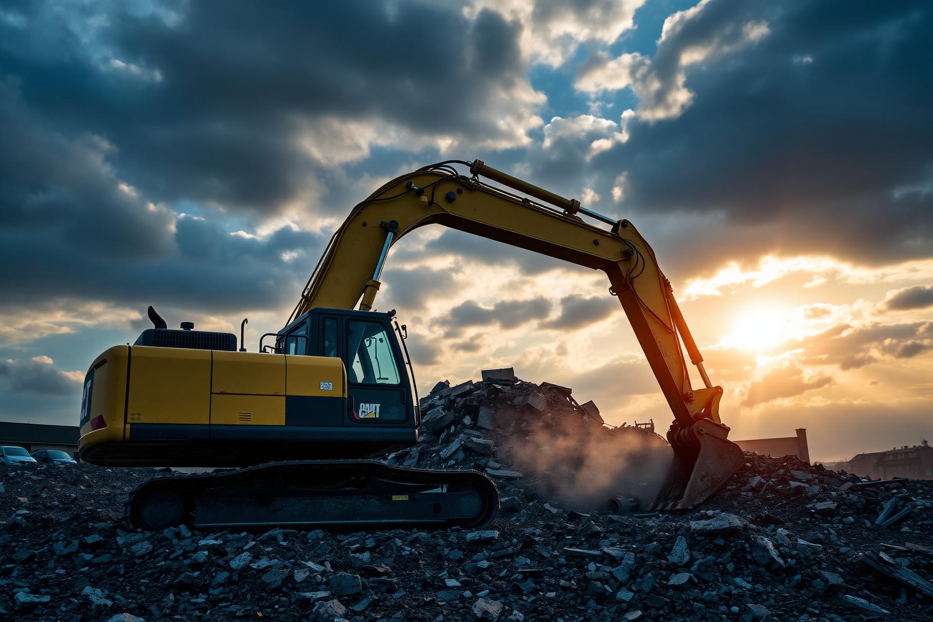 Excavator demolishing a structure at sunset